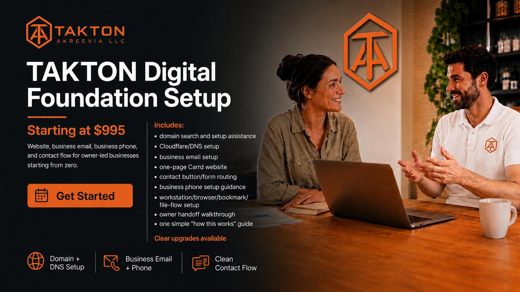 TAKTON Digital Foundation Setup promotional banner showing business email, phone, website, contact flow, and starting price.